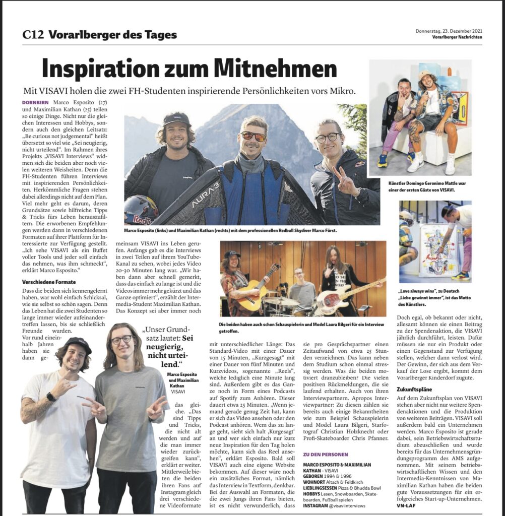 Zeitungsartikel Vorarlberger Nachrichten VISAVI Interview